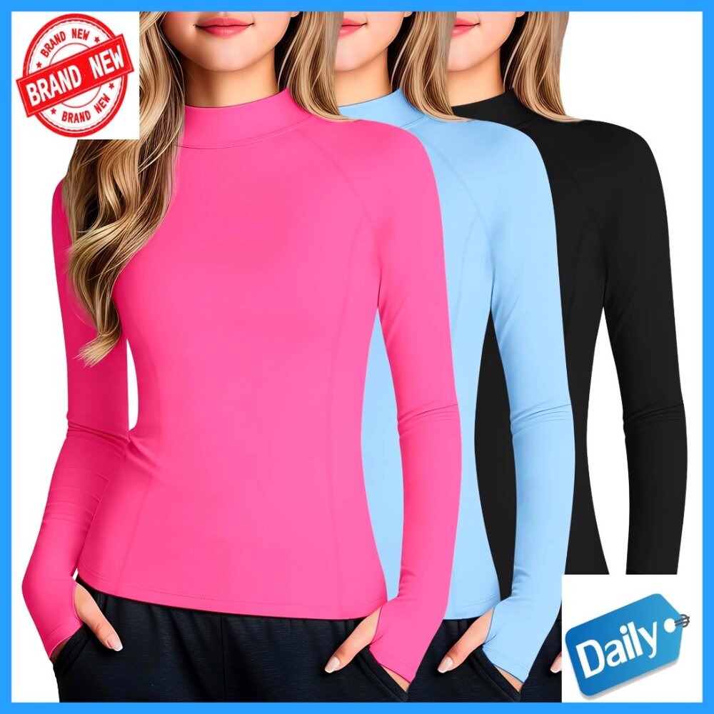 Girls Long Sleeve Athletic Mock Turtleneck Tees with Thumb Holes 3 Pack